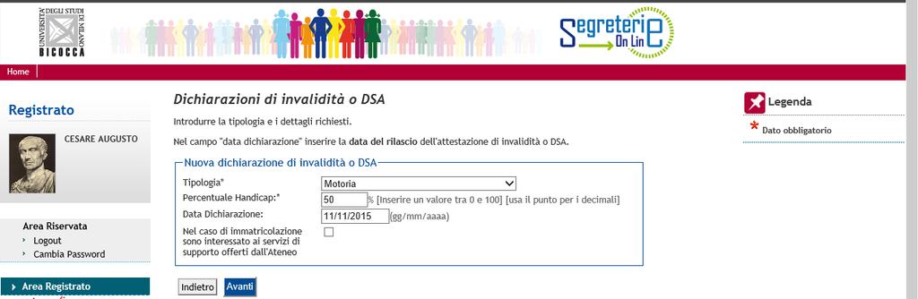 Indicare il tipo di invalidità, indicare