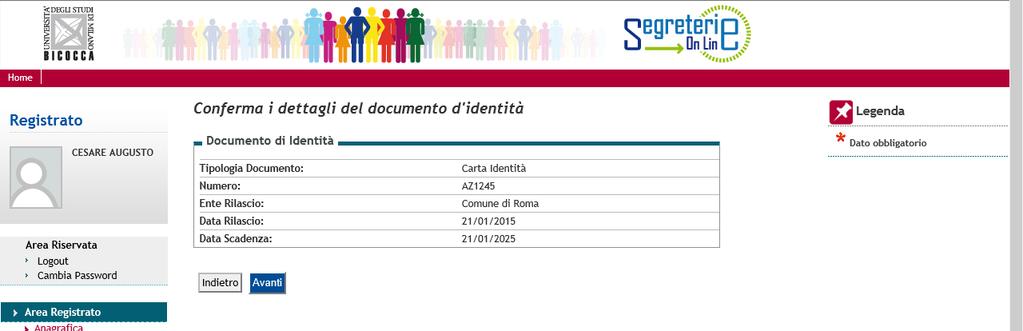 data di scadenza: Confermare quindi i dati