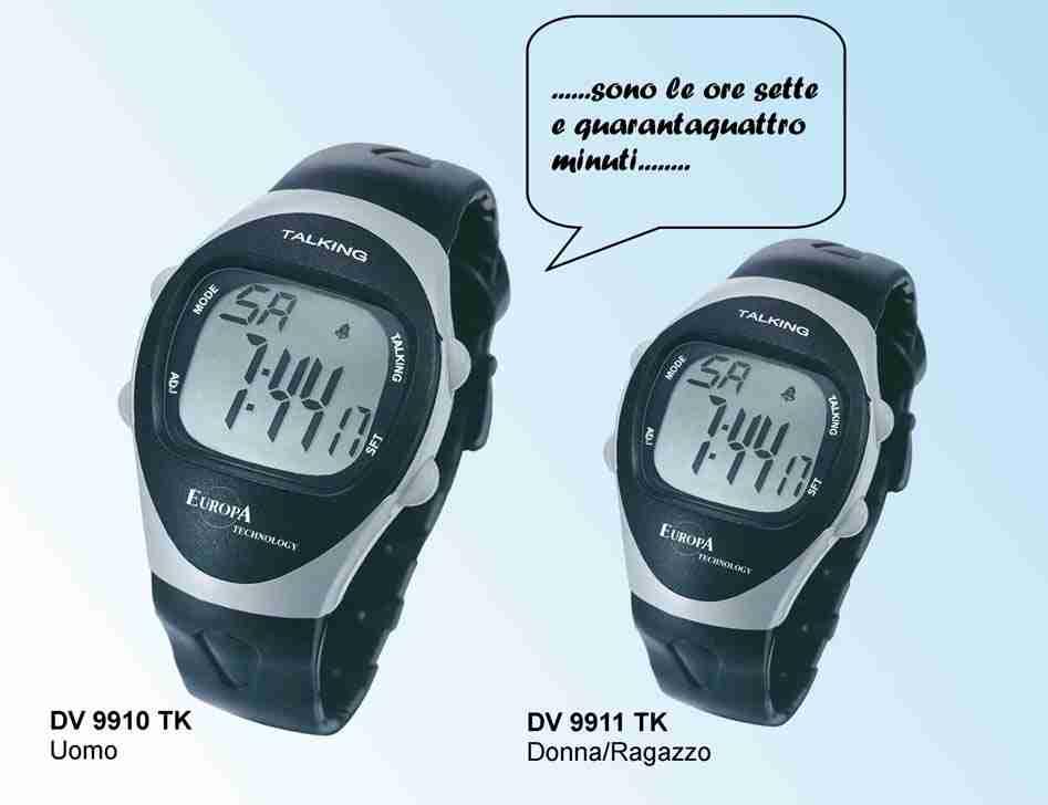20 DV-9910 TK Orologio da polso Lcd con indicazione vocale dell orario, della data e del cronometro. 4 allarmi.