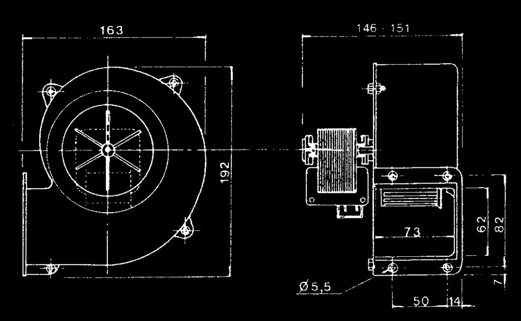 Caratteristiche modello 4 Motore monofase poli a induzione /4V 5 Hz adatti al servizio continuo. Dimensioni lamierino 6x 6 m/m. Coclea in alluminio pressofuso. Ventola in nylon diam. 7 mm.