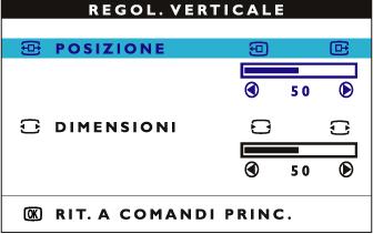 1) Premere il pulsante sul monitor. Compare la finestra MAIN CONTROLS (Comandi Principali). 2) Premere il pulsante fino a evidenziare ADJUST VERTICAL (Regolazione Verticale).