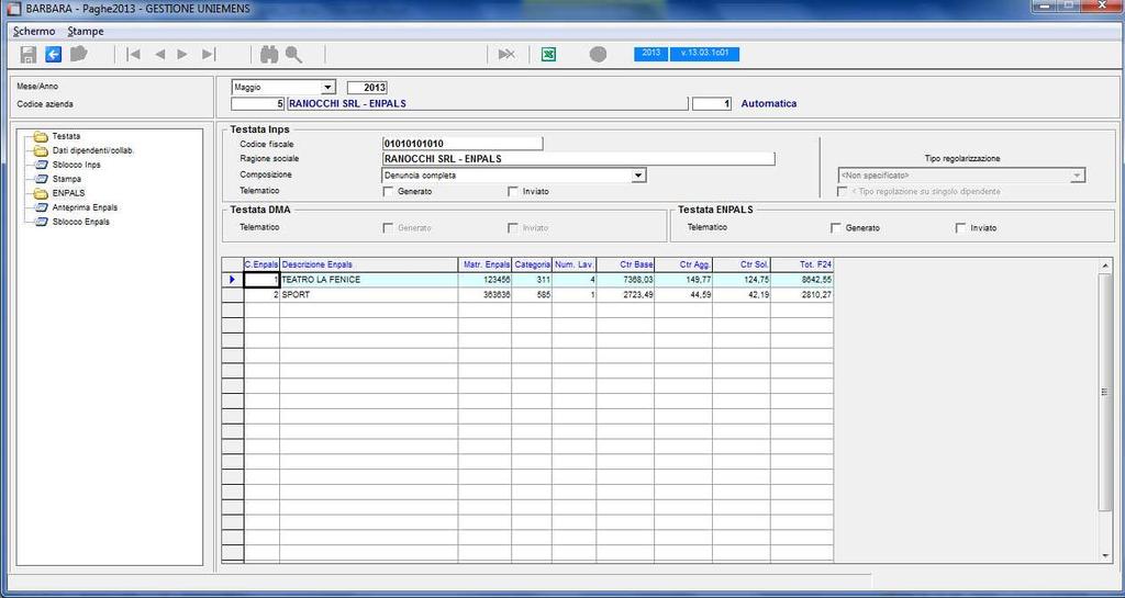 Gestione Uniemens ( GUEMENS ) : Nella gestione dell Uniemens, solo per le aziende con l ente Enpals, è disponibile la nuova scelta ENPALS che permette di visualizzare e/o modificare i dati del nuovo