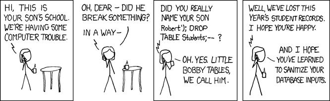 La storia del piccolo Bobby Tables (From the comic strip xkcd) School: "Hi, this is your son's school. We're having some computer trouble." Mom: "Oh, dear -- Did he break something?