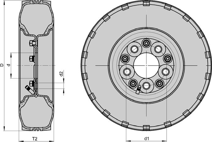 links Serie: PA Ruote a flangia con anello pneumatico, centro ruota in lamiera d acciaio 100-1300 kg Anelli: pneumatico con profilo a blocchi, 2-10 Ply-Rating, con camera d aria.