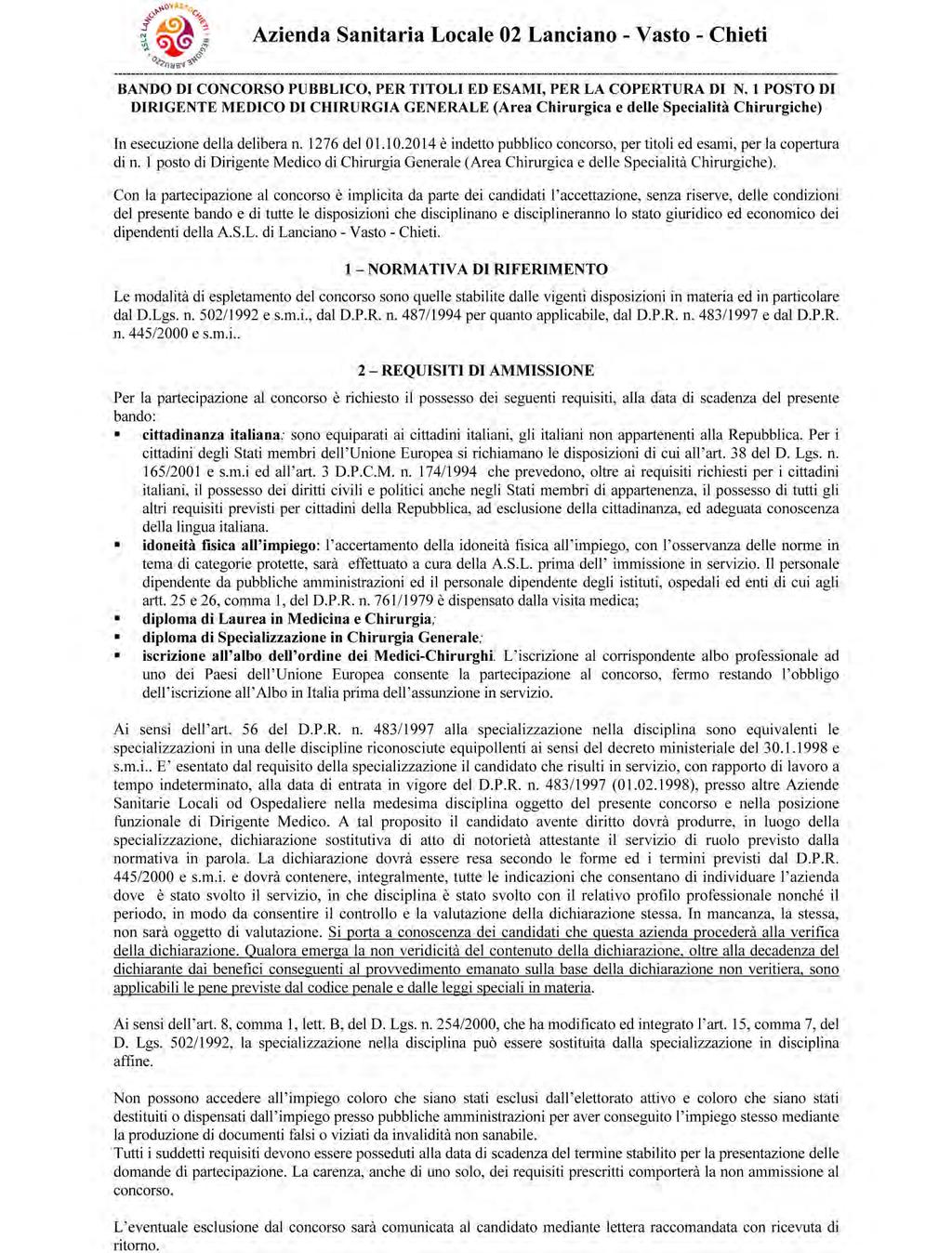 Anno XLVI - N. 12 Speciale (04.02.2015) Bollettino Ufficiale della Regione Abruzzo Pag. 21 AZIENDA SANITARIA LOCALE N.