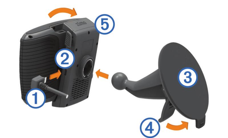 5 Installazione del dispositivo nel supporto per moto 1 Inserire la parte inferiore del dispositivo nella base di appoggio. 2 Rimuovere la plastica trasparente dal supporto a ventosa Â.