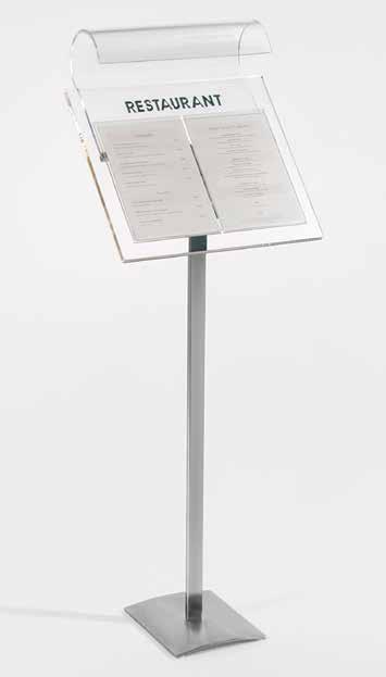 espositore menù su piantana con luce led menu display stand with led light materiali materials: acciaio inox, plexi stainless steel, plexi