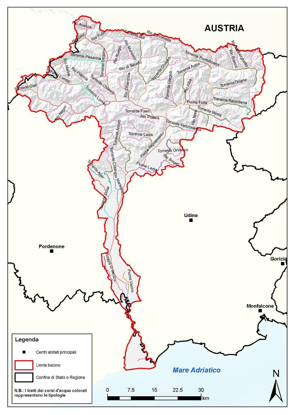 Figura 1.2: tipi di corpi idrici nel bacino del fiume Tagliamento.