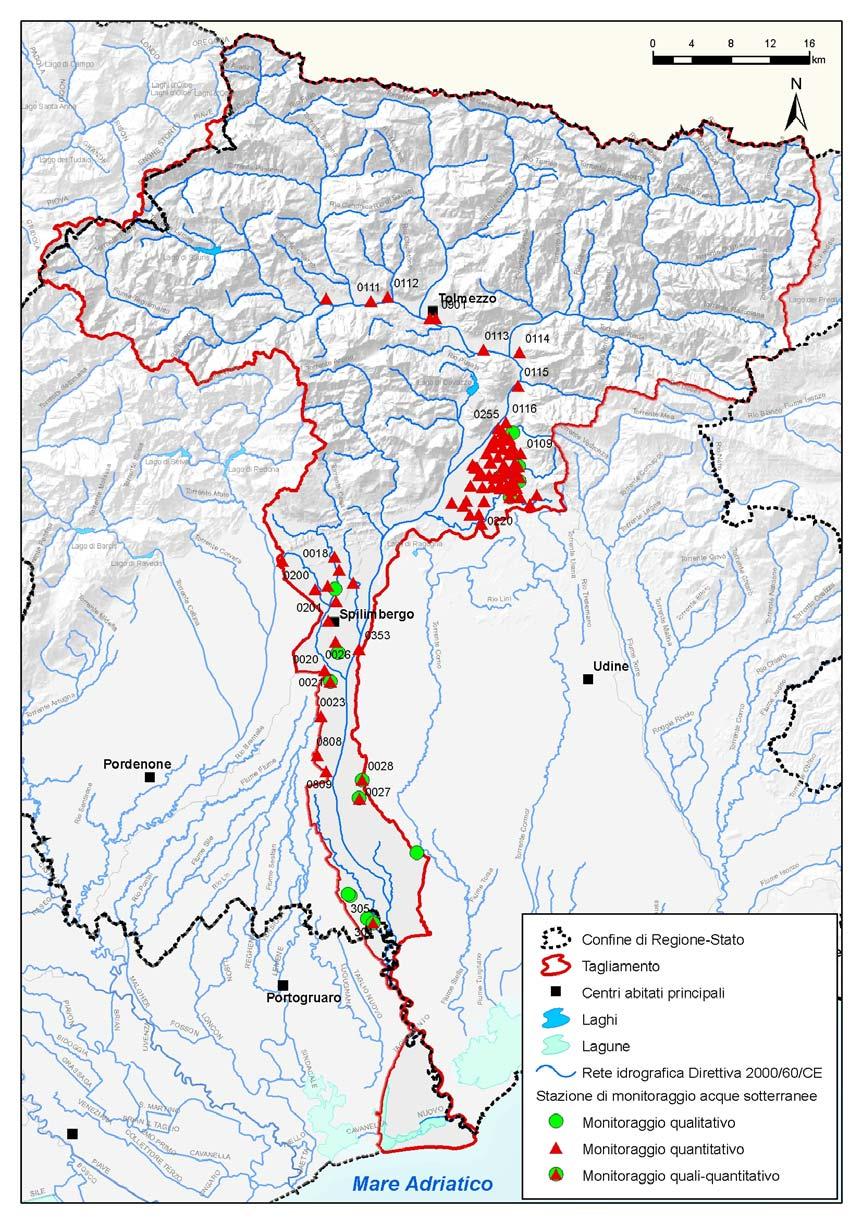 Figura 4.10: mappa dei pozzi di monitoraggio qualitativo e quantitativo nel bacino del fiume Tagliamento.
