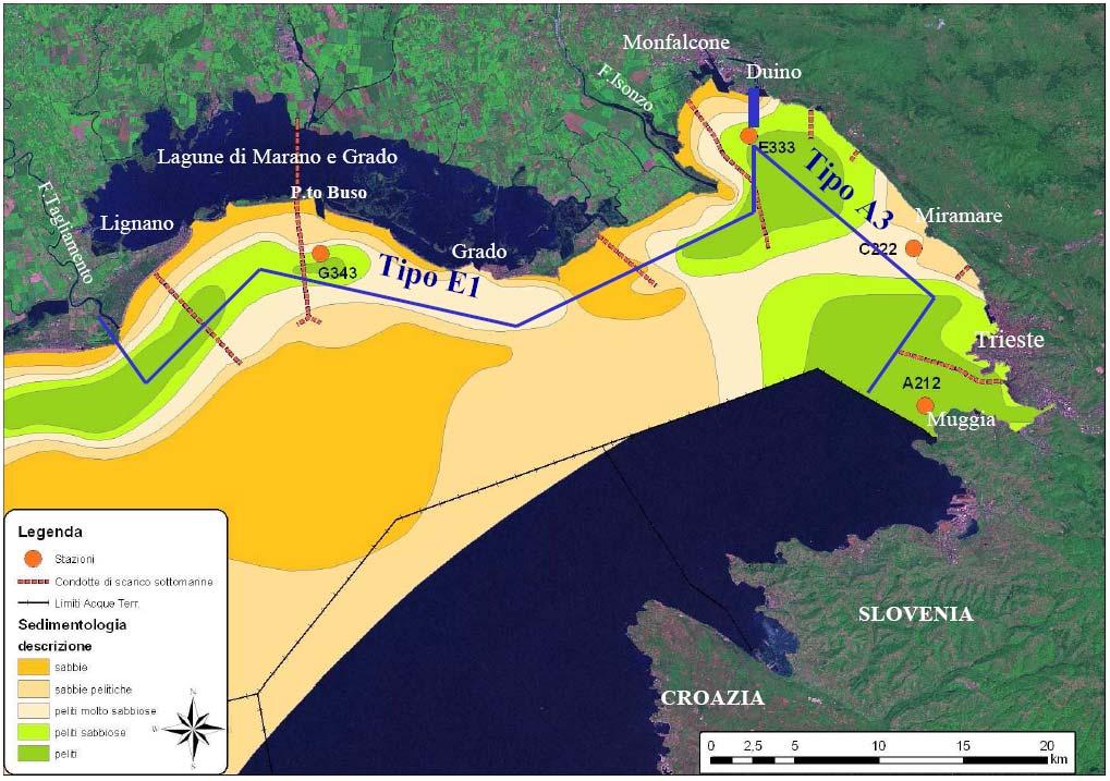 Figura 1.8: individuazione dei corpi idrici costieri del bacino del fiume Tagliamento relativi alla regione Friuli Venezia Giulia.