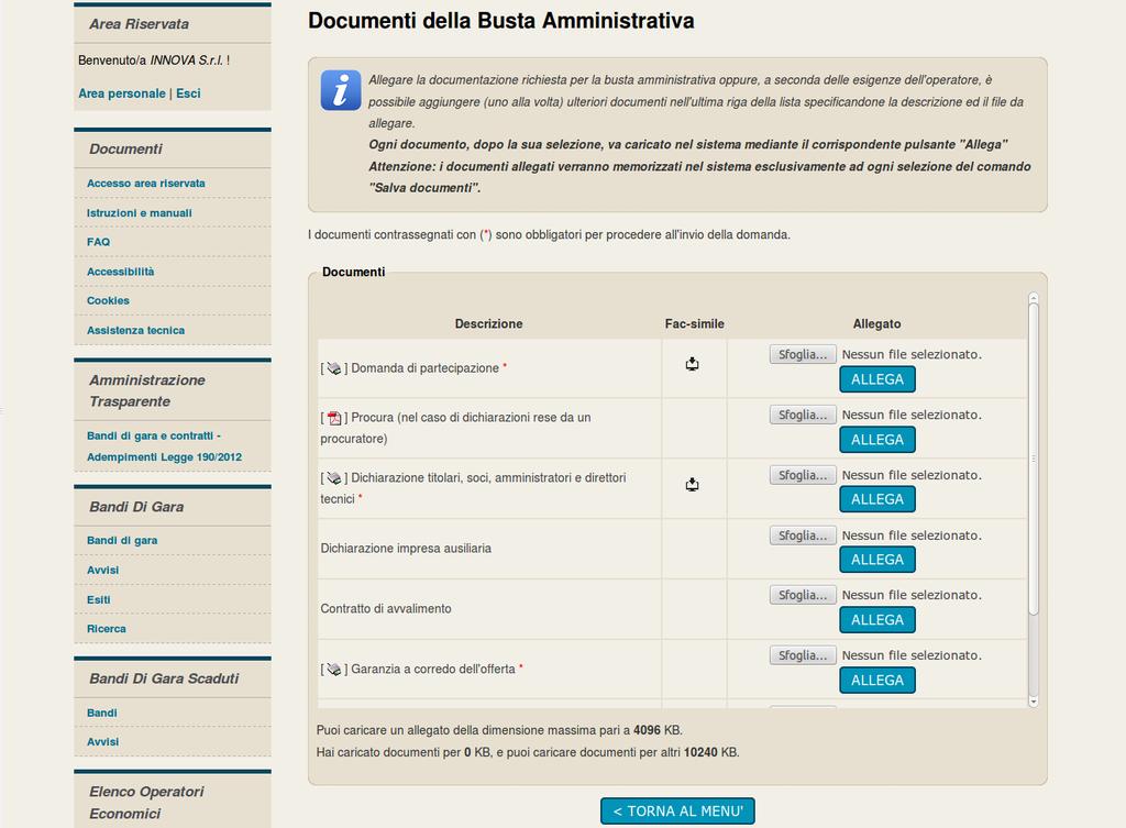 ATTENZIONE: tutti i file vengono caricati in sessione (una sorta di memoria temporanea del server) e non sono salvati in maniera permanente finché non viene premuto il pulsante Salva documenti.