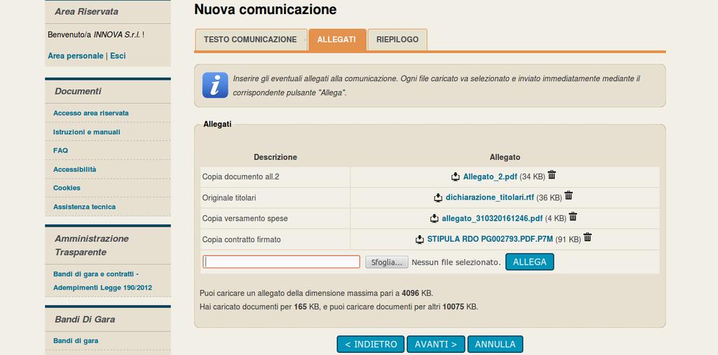 Nella pagina Allegati possono essere inseriti uno o più allegati facendo sempre attenzione ai limiti posti per