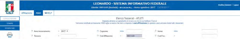 Una volta che il sistema apre l elenco con tutti gli anni di affiliazione della propria Società Sportiva, cliccando sul tasto CD relativo all anno voluto, l utente ha la possibilità di visualizzare