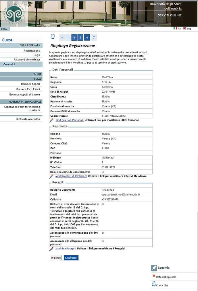 6 verificare i dati inseriti e cliccare su Conferma.