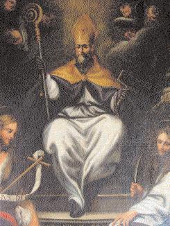 Fig. 3 Anonimo pittore genovese della seconda metà del secolo XVII, San Biagio in cattedra fra San Giovanni Battista e San Bartolomeo, 1677 (particolare). Fig.
