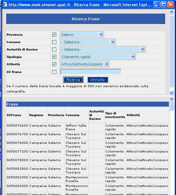 Query Ricerca frane per