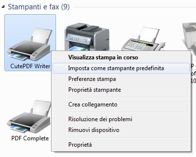 Scegliere la propria stampante virtuale e cliccarvi sopra con il tasto destro del mouse in modo da far apparire la lista delle attività eseguibili sulla stampante; quindi, cliccare con il tasto