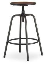 Height adjustable stool with raw metal structure (transparent painted or burnished) and wooden seat.