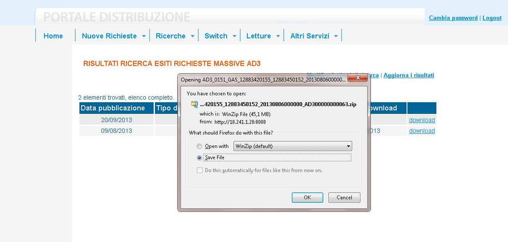 Esportazione Richieste L Utente della Rete può esportare le richieste corrispondenti ai criteri di ricerca in un file in formato csv, cliccando la voce download.