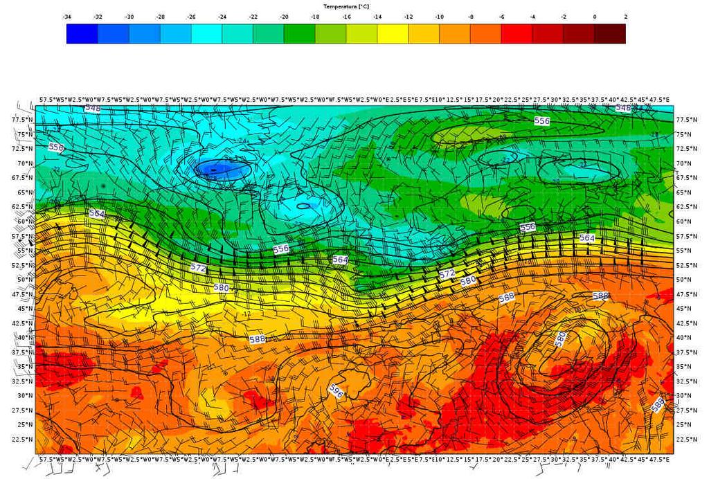 Si osserva la curvatura ciclonica del flusso principale e l infiltrazione di aria più fredda sull Italia settentrionale.