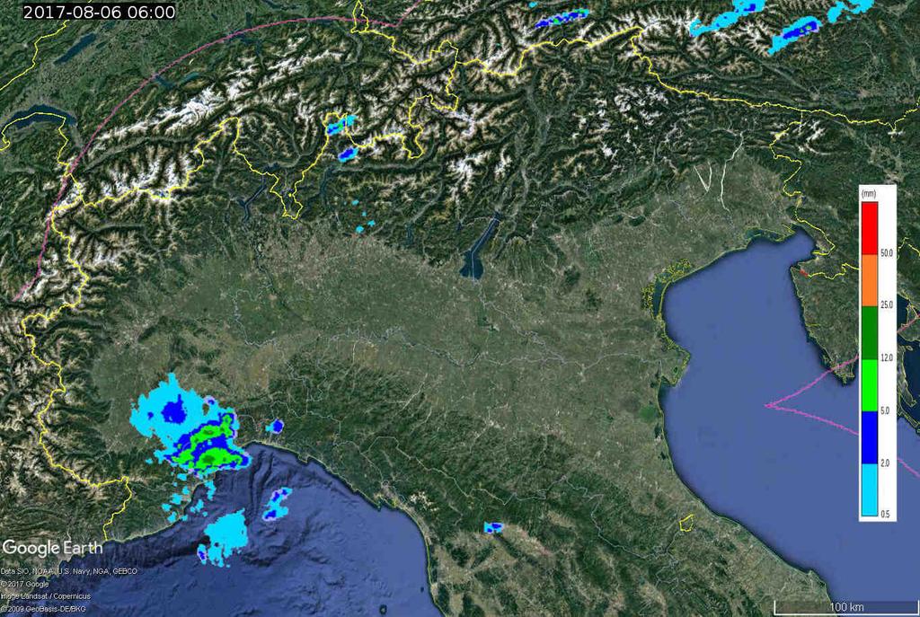 Mappe di precipitazione cumulata oraria, in mm, del composito radar nazionale fornito dal Dipartimento di Protezione Civile del 06/08/2017 alle 06 UTC (in alto a