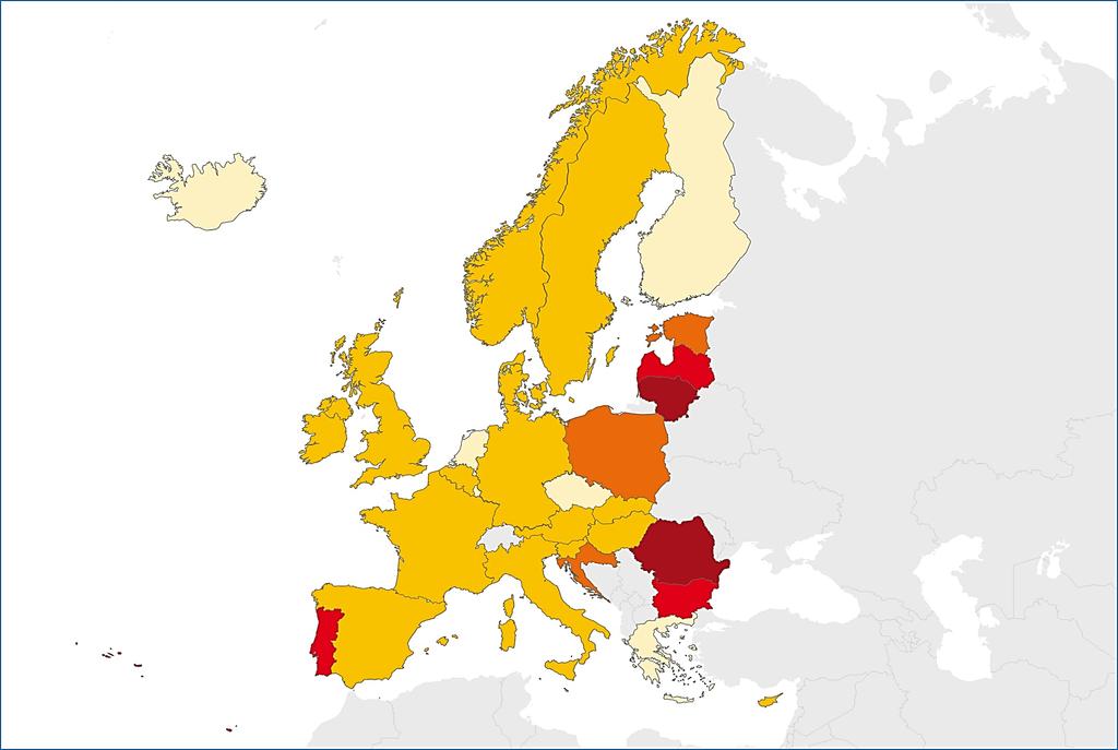 TB notifications, EU/EEA, 2015 60 195 TB cases in 30 EU/EEA countries Notification rate of 11.7 per 100 000 population (range 2.1 76.