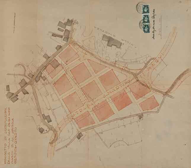 F. Sistemazione Villa Spinola (planimetria e nuova lottizzazione), Quarto, Genova, 1944, in