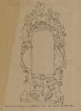 Fig. 3 - Disegno di ringhiera. Fig. 4 - Disegno di una cancellata con edicola. Fig. 5 - Disegno dello specchio di Domenico Parodi a Palazzo Rosso.