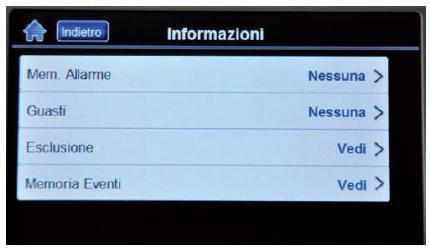 Per visualizzare la memoria eventi: A sistema disinserito premere l icona Info, sulla maschera principale, selezionare Memoria Eventi, immettere un codice utente valido se richiesto.