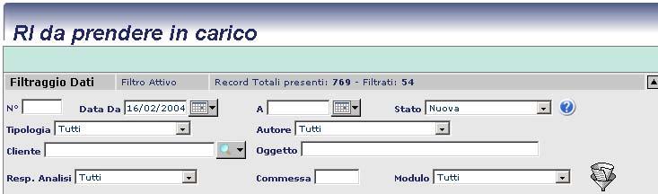 PRESA IN CARICO R.I. FUNZIONALE A conferma inserimento R.I., automaticamente l R.I. e inserita con STATO = NUOVA per essere successivamente PRESA IN CARICO.