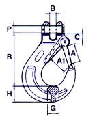 15 - Gancio a forcella con sicurezza in acciaio forgiato in in A A1 B C G H P R 1.
