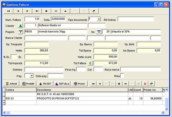 Il software presenta le funzionalità principali per la gestione di Fatture e di Note di Accredito, con collegamento all anagrafica articoli e prodotti.