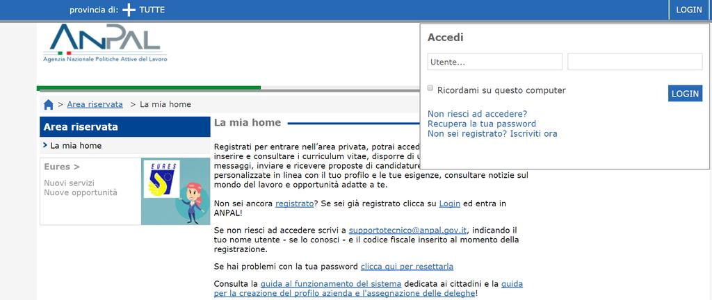 L operatore che vuole abilitare un operatore dei servizi per il lavoro a svolgere le attività nel proprio territorio, dovrà prima autenticarsi al portale ANPAL, cliccando sul tasto LOGIN in alto a