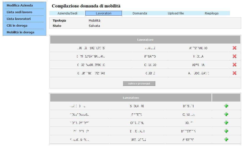 3.4.1.2 Lavoratori In questa sezione il sistema visualizza solo i lavoratori per cui è stata indicata come sede operativa la medesima sede inserita nella sezione Azienda/Sedi della richiesta.