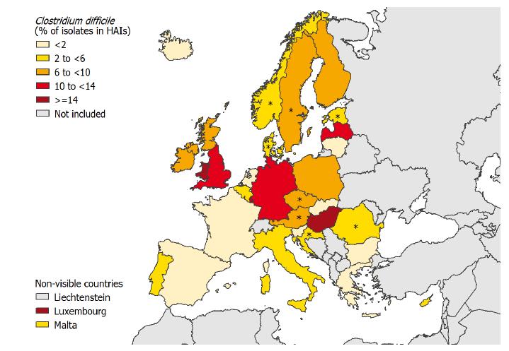 ECDC 2011-12 report Relative frequency of Clostridium difficile as a percentage of all