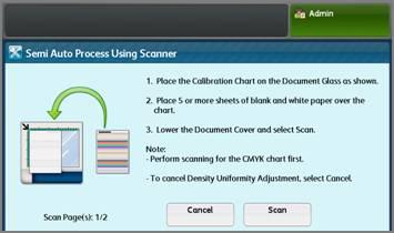 SIQA (regolazione di qualità immagine semplice) 9. Selezionare Processo semiautomatico tramite lo scanner 10. Selezionare Stampa diagramma di calibrazione. 11.