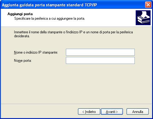 WINDOWS 26 7 Digitare l indirizzo IP del server Fiery. 8 Fare clic su Avanti. 9 Accertarsi che Generic Network Card sia selezionato per Standard nell area Tipo di periferica e fare clic su Avanti.