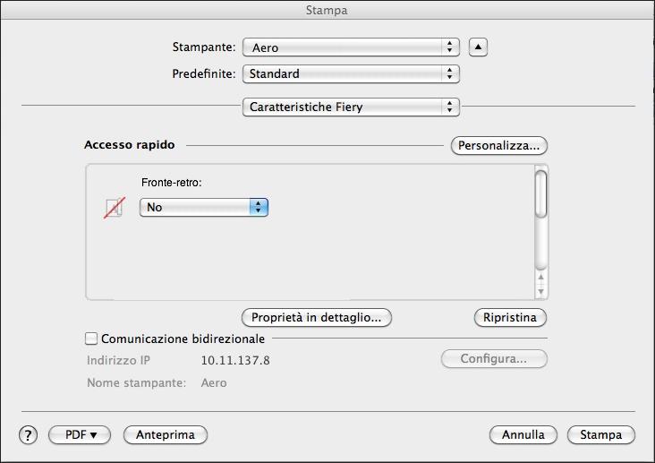 MAC OS 59 PER IMPOSTARE LE OPZIONI E STAMPARE DA MAC OS X 1 Dall applicazione, selezionare File > Stampa e selezionare il server Fiery come stampante.