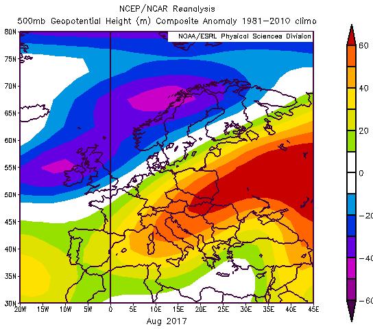 Nel mese di luglio le temperature sono state molto più calde della media sull Europa meridionale in corrispondenza del persistere di un