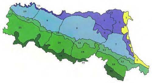 Costa Nord Costa Sud Bonifica ferrarese Bonifica romagnola Bonifiche estensi Bonifiche bolognesi Pianura romagnola Pianura bolognese, modenese e reggiana Pianura parmense Collina della Romagna