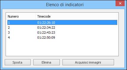 Inserimento di indicatori È possibile utilizzare indicatori per varie attività, ad esempio per definire il punto iniziale della riproduzione. È possibile configurare fino a 5 indicatori.