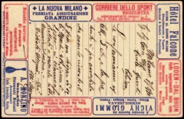 000) 500 713 1889 - Cartolina postale Umberto 10c (28D) con al verso otto diversi testi pubblicitari, prodotta dalla ditta Girardi e Tarra di Milano e venduta a 5c, spedita da