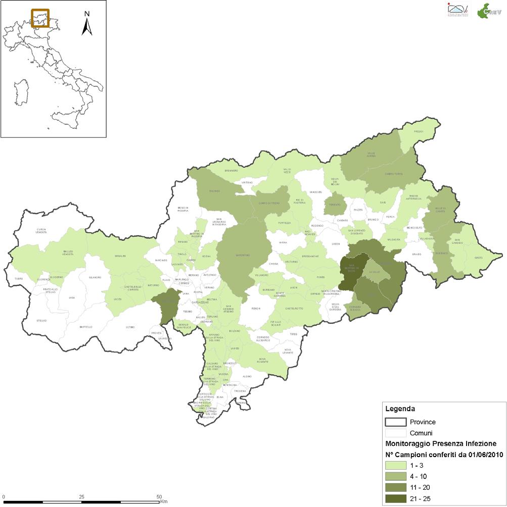 1) Mappa dei comuni della Provincia Autonoma di Bolzano con numero di