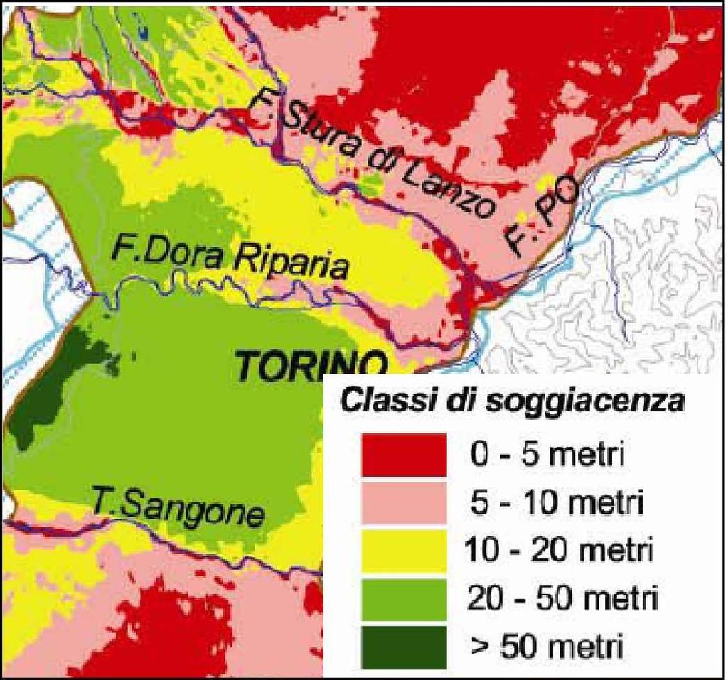 Carta delle Classi di soggiacenza della falda superficiale: l area in studio si pone nella fascia gialla (10-20 m) Facendo riferimento alla Carta della Base acquifero superficiale tratta da: AA.VV.