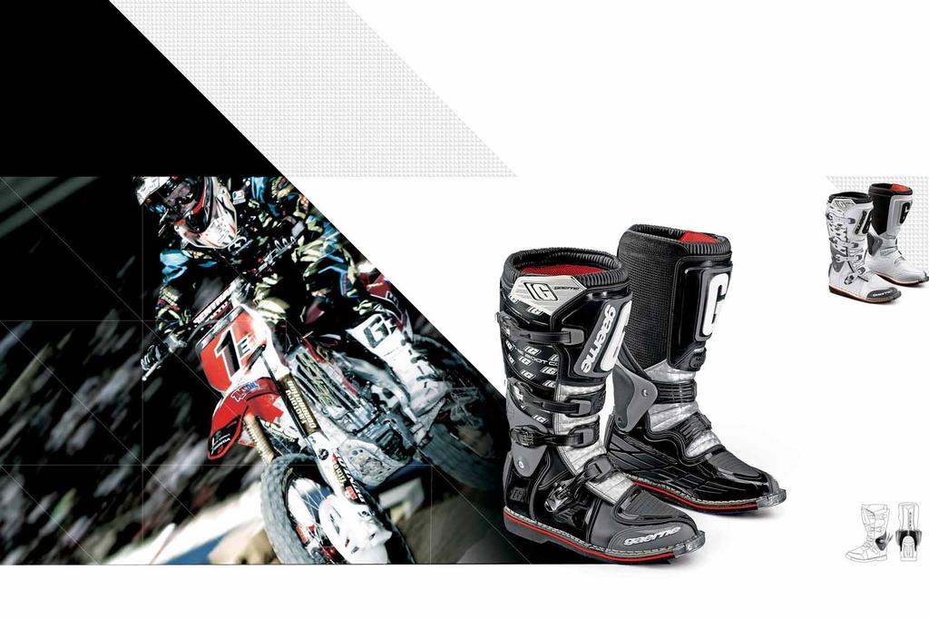 gaerne_cat_moto_parte OFFROAD 3-12-2008 16:22 Pagina 10 FASTBACK THIS INNOVATIVE BOOT HAS A SLEEK NEW LOOK. PARTIALLY DUE TO THE EXCLUSIVE GAERNE WRAP AROUND ANKLE PIVOT SYSTEM.