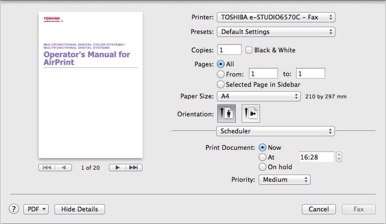 4.UTILIZZO DELLA FUNZIONE AirPrint Menu [Gestione carta] Impostare i metodi di gestione carta come l'inversione dell'ordine di invio fax oppure la trasmissione fax delle sole pagine dispari o delle