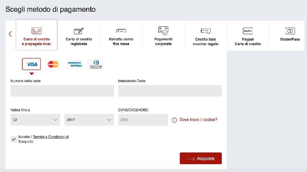 Acquisto 3.1 ACQUISTO BIGLIETTI Selezione del metodo di pagamento. Pagamento tramite Carta Amex BTA o AirPlus. Utilizzo delle Carte Visa, MasterCard, Diners, American Express. fig.