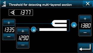 < 段部検知しきい値設定画面 > ❺ <Schermata di impostazione della soglia della parte pluristrato> 3) Posizionare la parte pluristrato del materiale sotto il piedino premistoffa e premere ❻.
