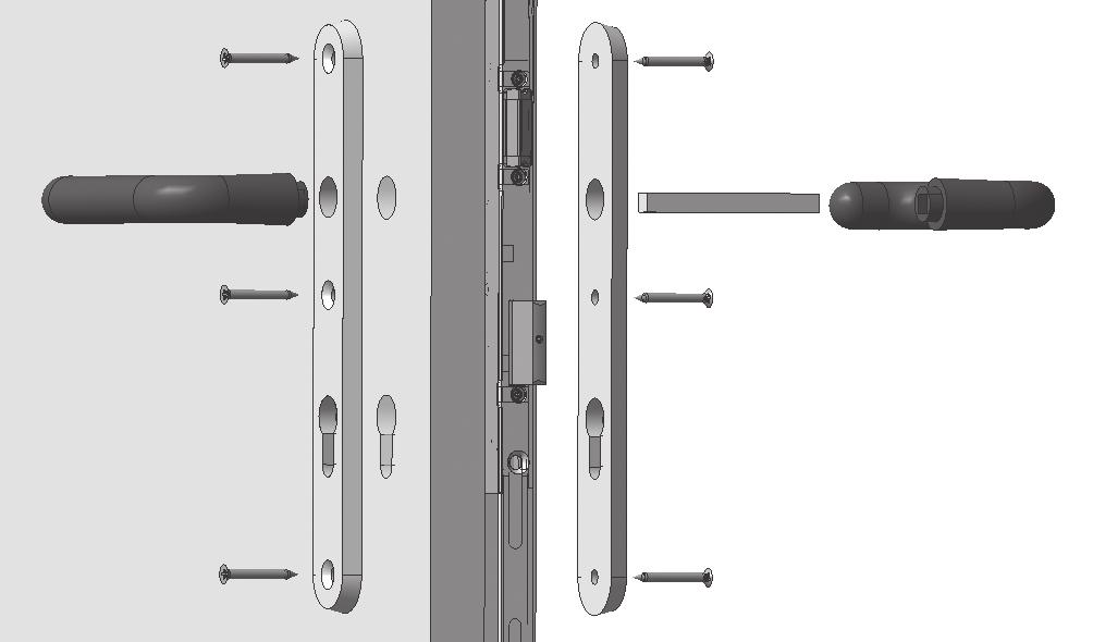 Inserire nella porta la serratura centrale con il frontale (1). Inserire il cilindro (2). Fissare il cilindro con l'apposita vite di fissaggio. 1 2 3 Fig. 4.