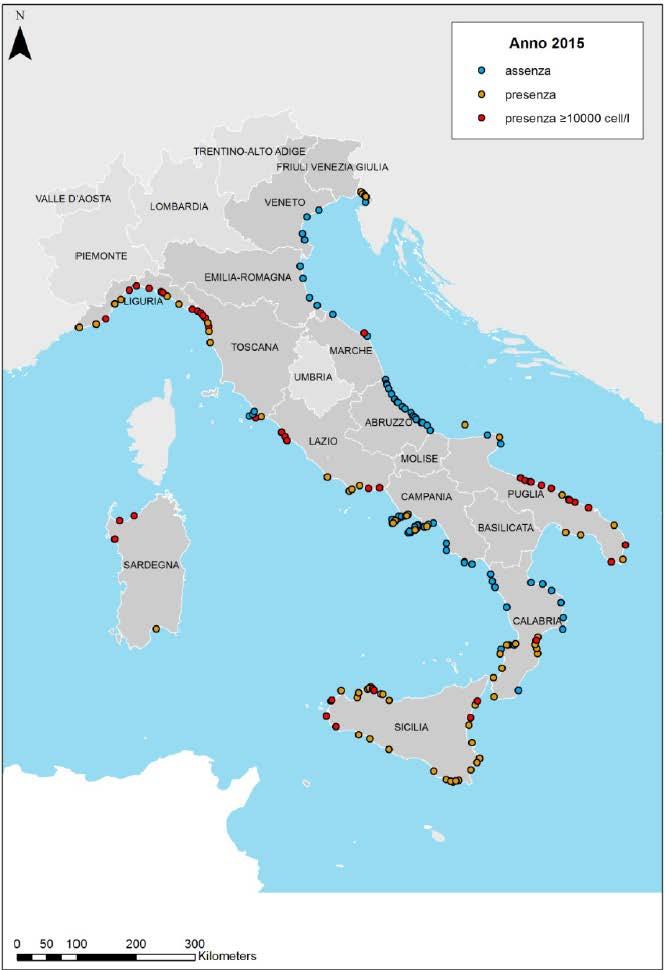 N. Regioni 13 Siti 221 Siti positivi 125 % siti positivi 56,56 Siti con abbondanze 10000 cell /L 43 In Liguria, Marche e Puglia, sono stati adottati i valori soglia di Allerta riportati